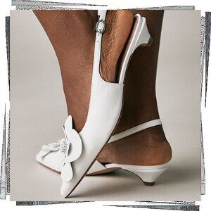 NWT: White Leather Slingback Kitten Heels w Floral Adornments (38 EU) by Maeve